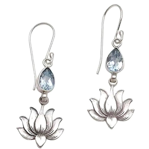 Silver Blue Topaz Lotus Dangle Earrings Dainty Flower Stone Hook Water Drop - Picture 4 of 6